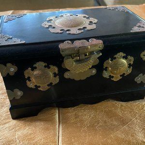 Antique Asian Wooden Jewelry Box, Lacquered, Red Velvet Lining, Brass Clasp